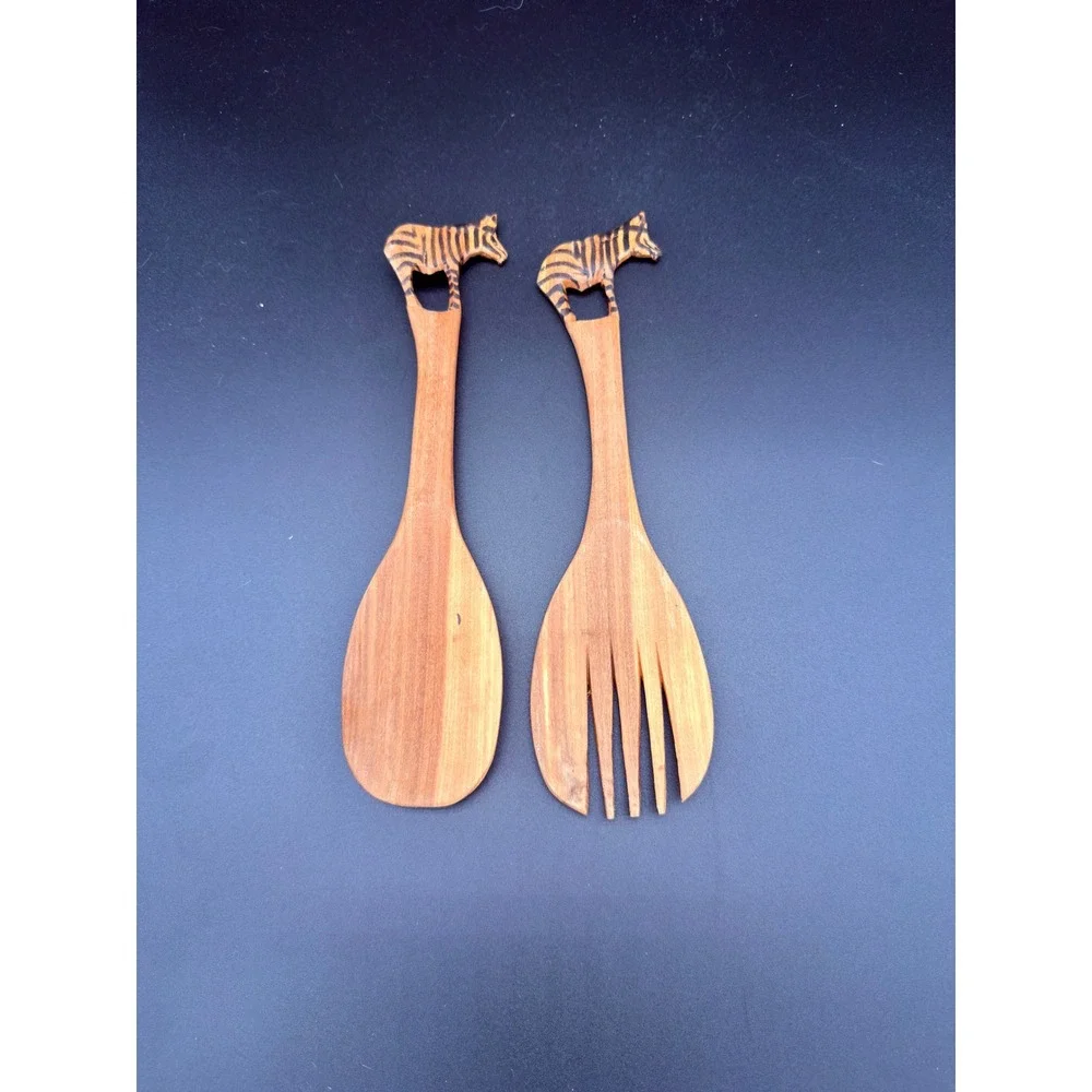 Hand Carved Wooden Zebra Salad Server Set 2 Piece Serving Spoon and Fork Animal